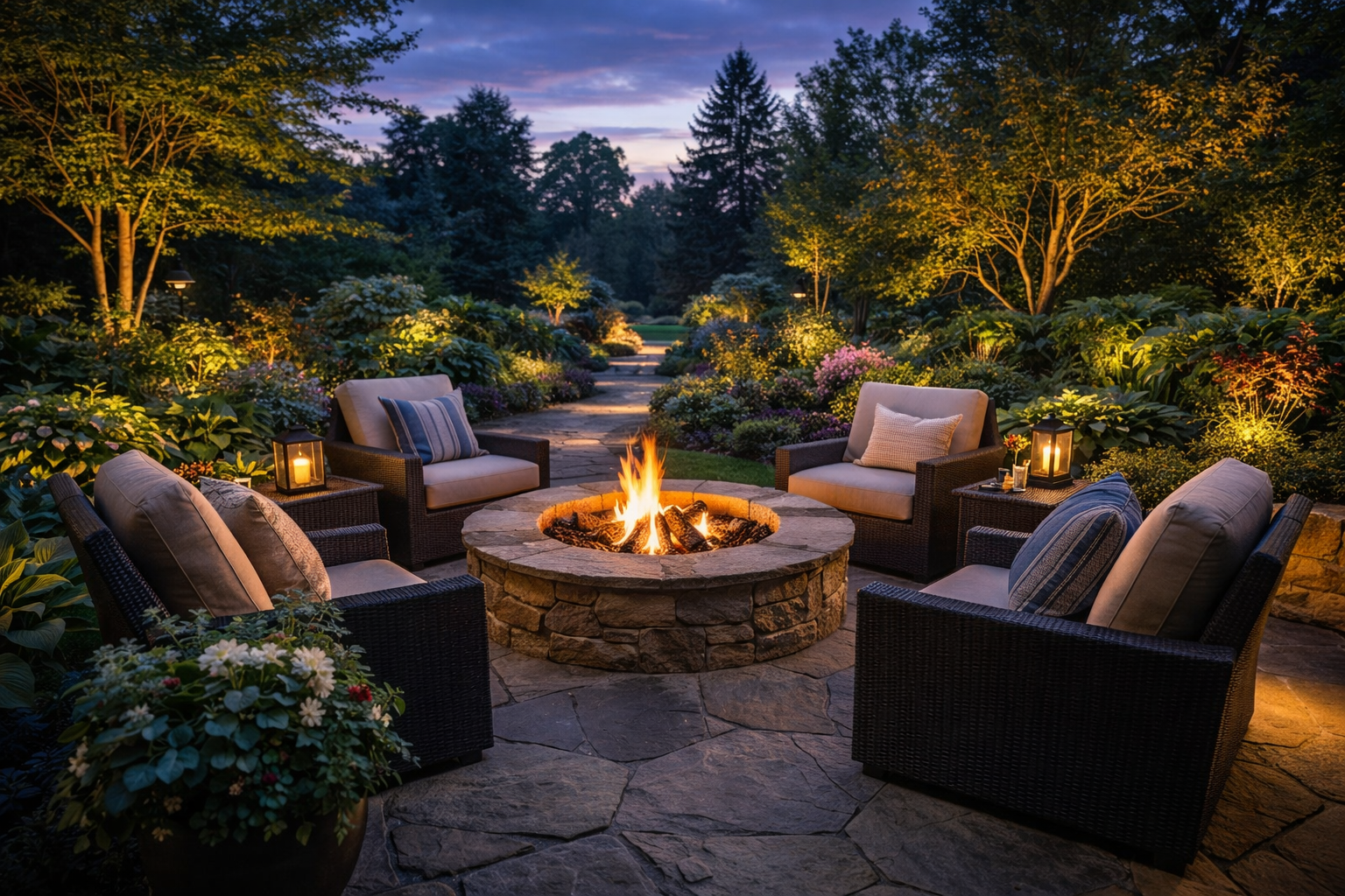 Luxury backyard with stone patio and fire feature