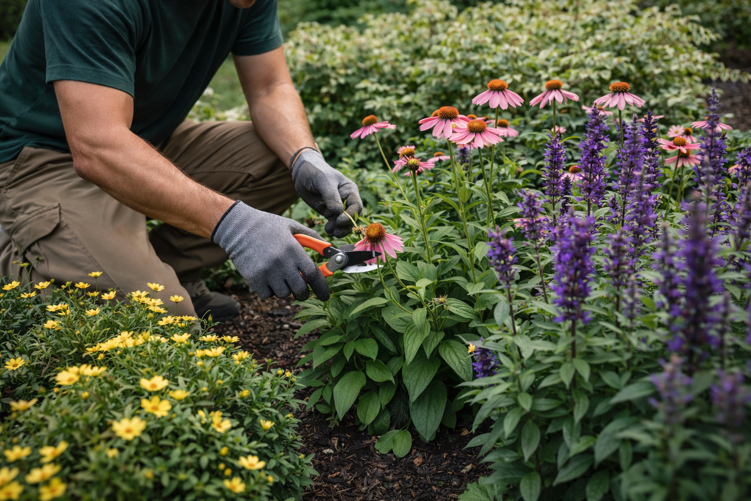 Gardener tending to flower beds