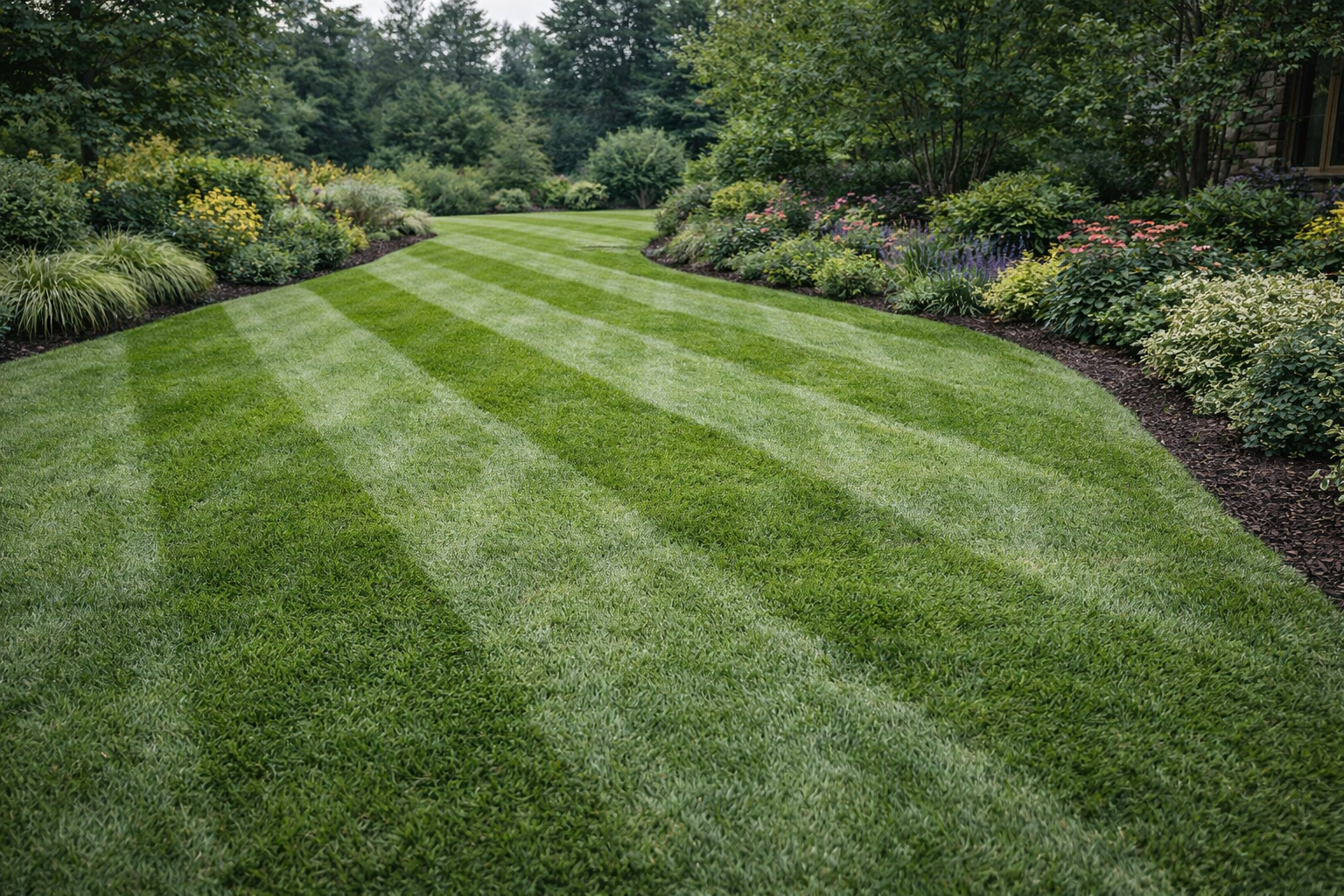 Freshly mowed lawn with clean stripes