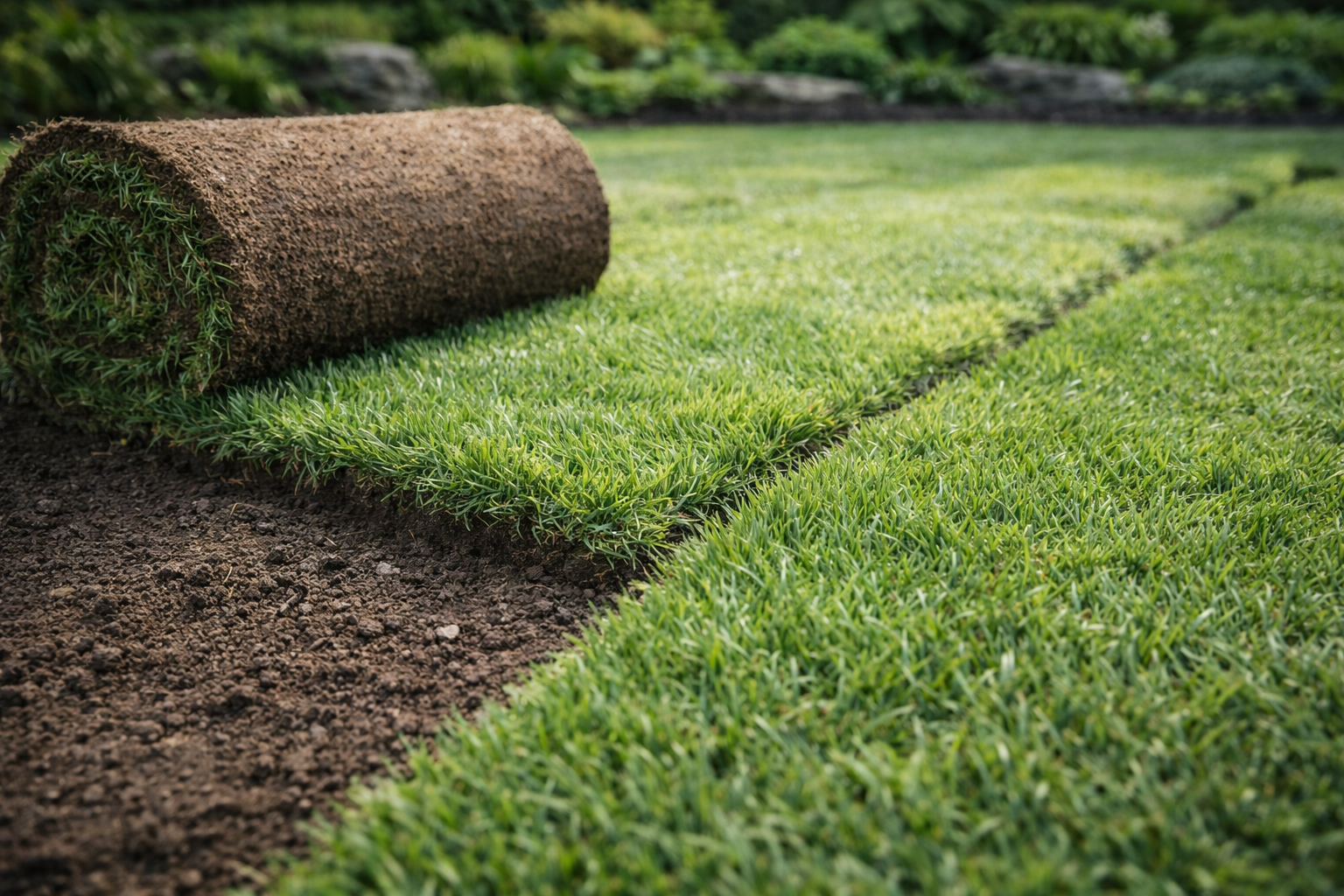 Fresh sod being rolled out on prepared soil