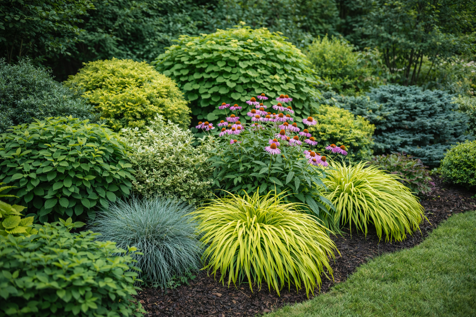 Lush garden bed with shrubs and perennials
