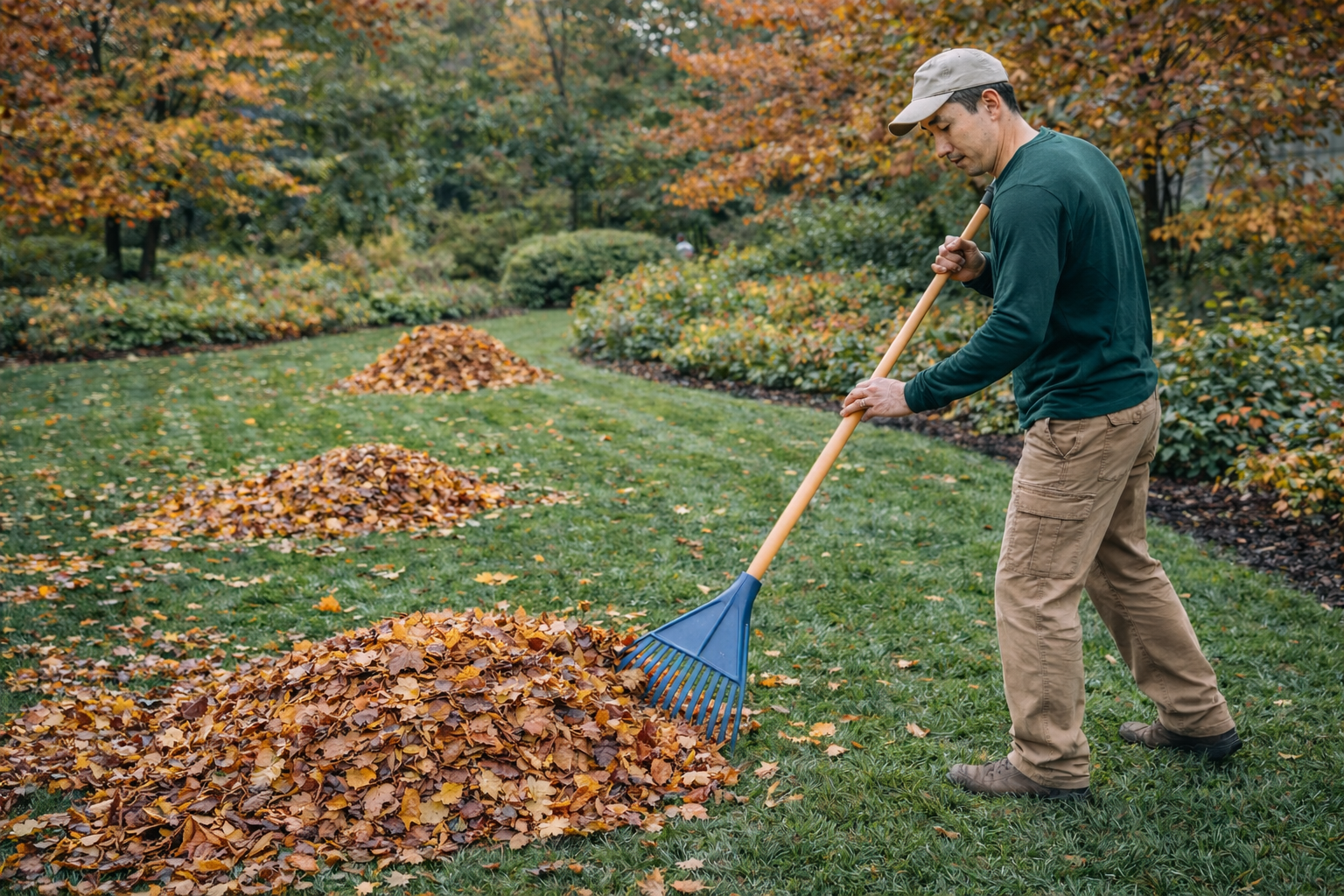 Crew performing fall leaf cleanup