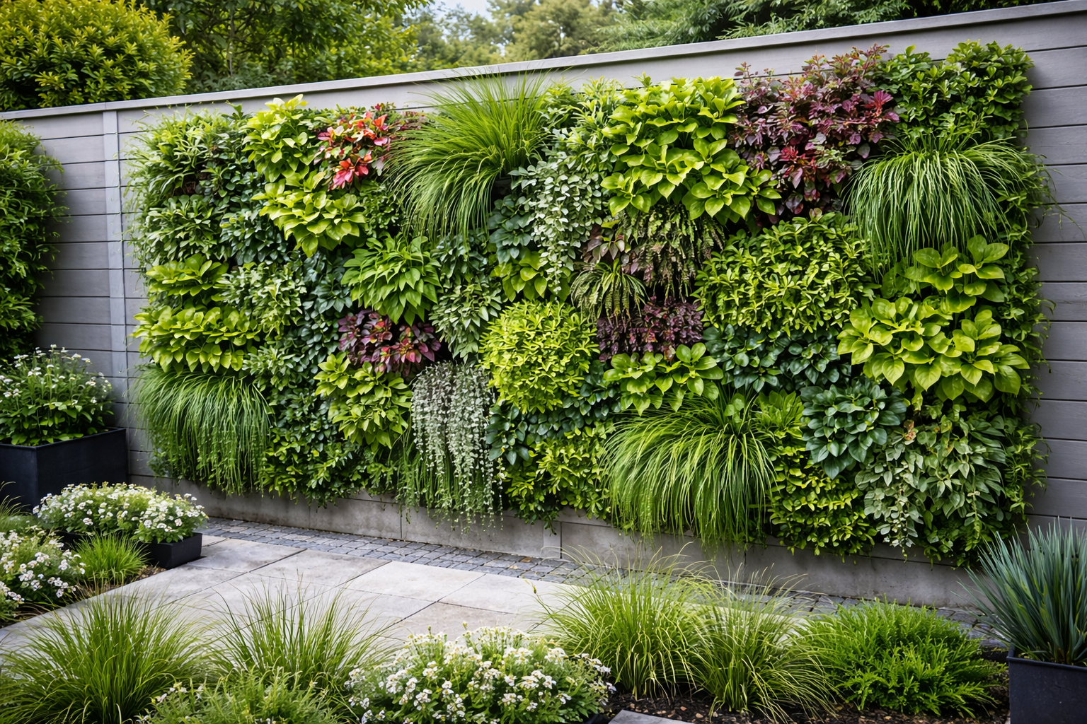 Lush vertical garden on exterior wall